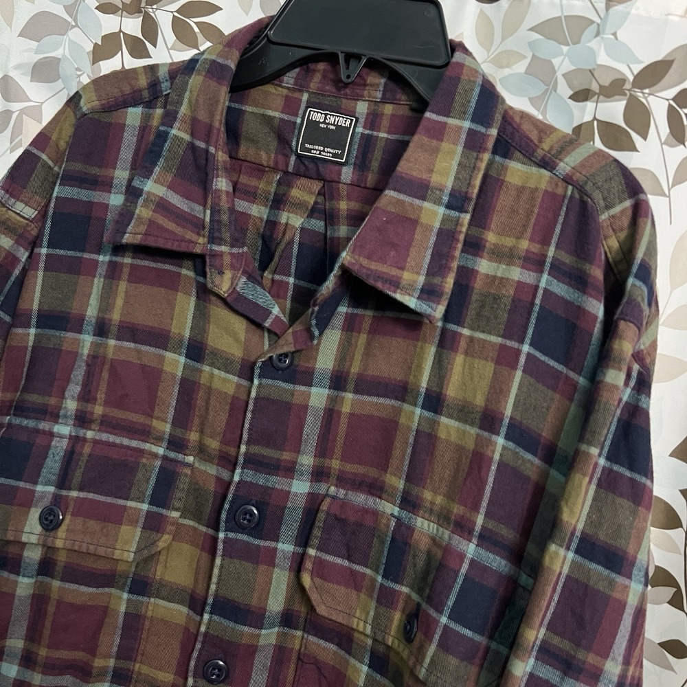 Todd Snyder Flannel Shirt Mens 2XL Burgundy Plaid Button Down Cotton 2 Pocket